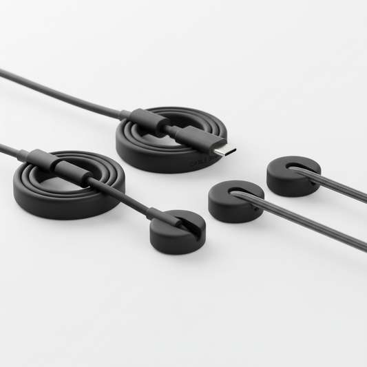 Novara cable organizer clips in a 5 pack for effective desk cable management, showcasing various clip designs and colors.