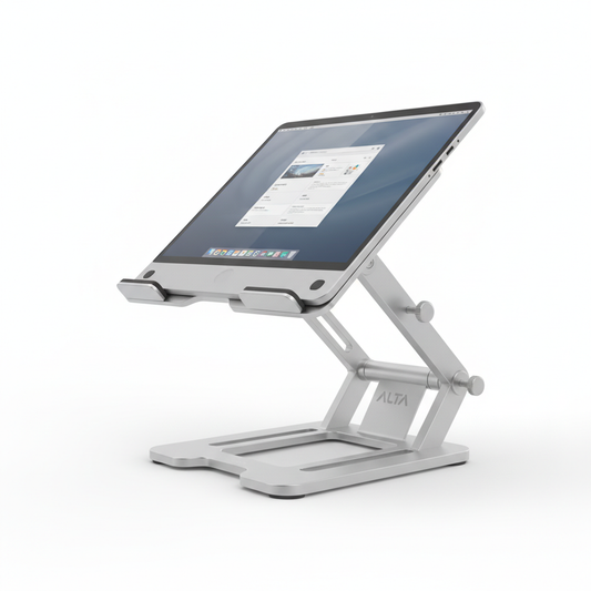 Novara ergonomic adjustable aluminum laptop stand with a sleek design, elevating a laptop for better posture.