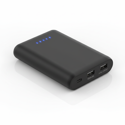 Novara 10000mAh portable power bank with fast charging, featuring sleek design and LED indicators on a white background.